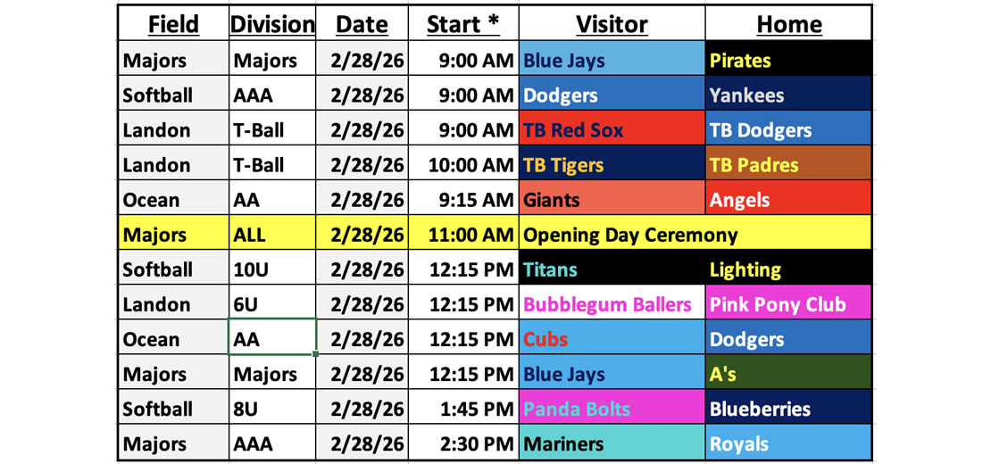 2026 Spring Opening Day Schedule 